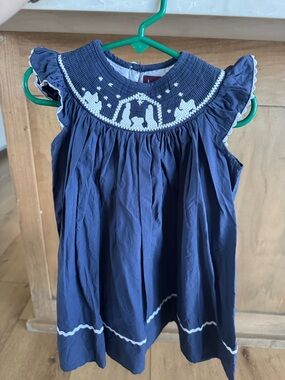 Girls' Navy Smocked Nativity Sleeveless Dress with White Embroidery